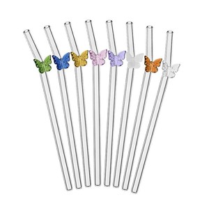 Sedotan Kaca Warna-warni Grosir, Sedotan Minum Transparan Lentur yang Dapat Digunakan Kembali dengan Motif Kupu-kupu Lucu dan Sikat Pembersih - Product Image 4