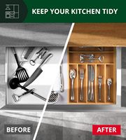 Organizador de cajones de cocina de bambú ajustable y expandible, bandeja para cubiertos/utensilios con divisores ranurados, para cubertería, barnizado