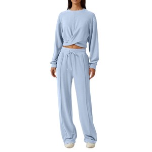 Ensemble décontracté pour femme : T-shirt personnalisé à col rond et manches longues, pantalon large, style streetwear, avec logo thermocollé - Product Image 3