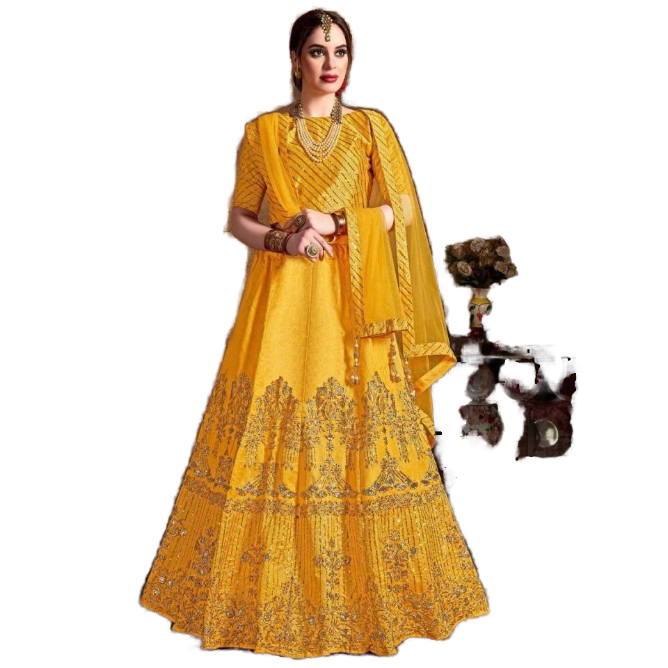Precious Yellow Art Silk Haldi Lehenga Choli with Zari Embroidery for Mother of the Bride