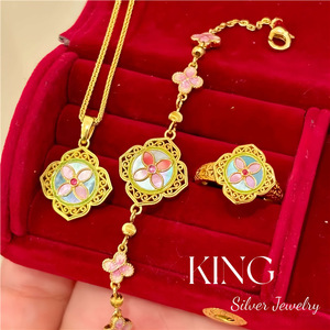 Ensemble collier, bracelet et bague King Silver Jewelry Peach Blossom en argent sterling S925 plaqué or, nacre et émail, pour femme - Product Image 1