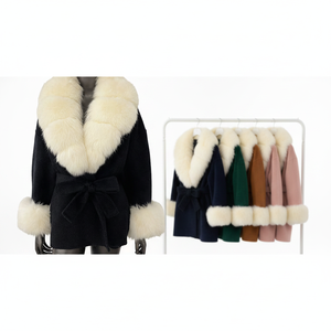 Manteau en laine pour femme, nouveau style luxe léger avec col en fourrure de renard, coupe courte haut de gamme avec ceinture <span class=keywords><strong>à</strong></span> nouer, manteau en laine chaud pour l'hiver, vente en gros - Product Image 1