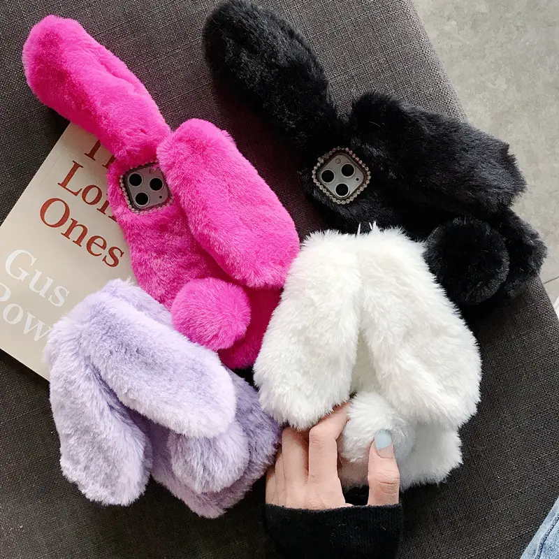 Cute Warm Plush Phone Cover Case for iPhone 14 Fur Plush Rabbit Ears Phone Case For iPhone 14 Pro Max Cover Case