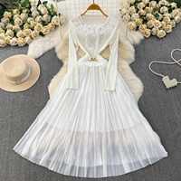 Robe élégante de luxe léger à col en V pour femme, manches longues, taille cintrée, jupe plissée trapèze, robe de bureau, vêtements pour femmes
