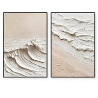 Lot de 2 tableaux texturés 3D Vague Côtier Beige – Diptyque Minimaliste Plage pour Décoration Hôtel, Chambre et Salon