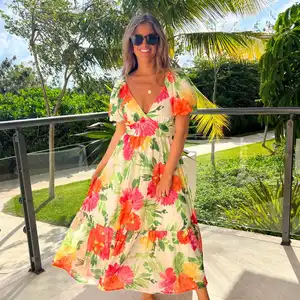 فستان جديد بزهور-ملابس نسائية كبيرة برقبة على شكل حرف V فساتين هاواي