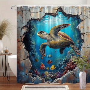 Juego de Cortinas de Ducha de Poliéster con Estampado Personalizado de Tortuga, Cortina de Baño Impermeable de Alta Calidad con 12 Ganchos, Proveedor OEM ODM - Product Image 1