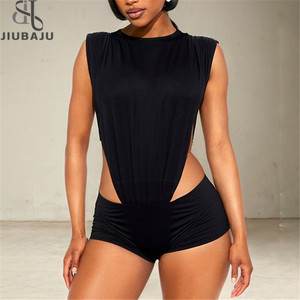 Set Pakaian Wanita Seksi Musim Panas 2 Potong, Atasan Bodysuit Kerah Bulat dengan Lubang Samping dan Celana Pendek - Product Image 1