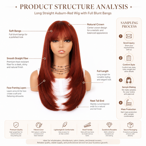 Perruque synthétique longue et droite rouge auburn pour <span class=keywords><strong>femme</strong></span>, <span class=keywords><strong>avec</strong></span> <span class=keywords><strong>frange</strong></span> complète, résistante à la chaleur, sans colle, naturelle et ajustable – Fournisseur d'usine - Product Image 3