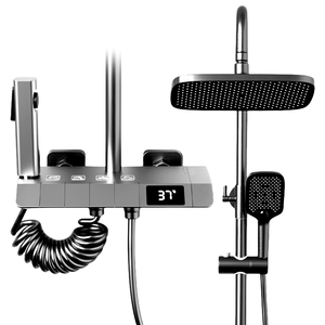 Juego Completo de Ducha Moderna TIEBA con Cabezal de Ducha de Latón Estilo Tecla de Piano en Gris Metálico, Termostático, con Pantalla de Cerámica - Product Image 1