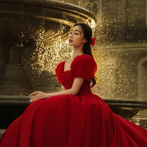 French-style Wedding Dress Ball Gown Red Sweetheart Neckline Empire Waist Vintage Mesh Evening Gown for Engagement Photography - Product Image 2