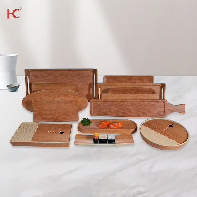Customizable Full Decor Pattern Eco-Friendly Melamine Restaurant Dinnerware Set Food Grade Durable Wood-Grain Classic Plates