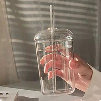 Vaso de Vidrio de Borosilicato de Gran Capacidad con Logotipo Personalizado, Tapa de Vidrio y Pajita de Vidrio
