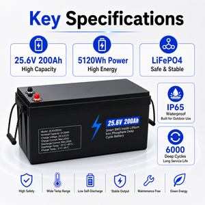 Batterie LiFePO4 5,12 kWh 25,6 V 200 Ah à décharge profonde pour système solaire domestique hors réseau et camping-car - Product Image 6