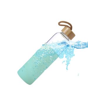 Portable Glass Water Bottle With Bamboo Lid Silicone Sleeve Carrying Strap <b>Outdoor</b> Use 2.8mm Thick Hand Blown - Product Image 3
