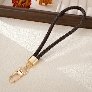 Simple <b>Car</b> Keyring PU Leather Strap Braided Phone Chain Promotion Gift Low Price Gold Plated Alloy Clasp Wristlet Keychain - Product Image 2
