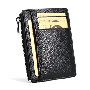 Genuine Leather Slim Front Pocket Credit Card Case Holder Zip ID Case Wallet Small Compact Leather Wallet