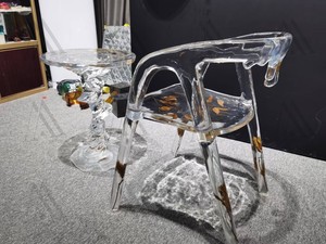 Chaise en résine d'art, feuilles séchées, acrylique transparent, mobilier de luxe, hall d'hôtel - Product Image 6