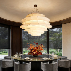Chinese Style Chandelier Round White Fabric LED Six-Head <b>Lighting</b> For <b>Dining</b> Room Home Decor - Product Image 3