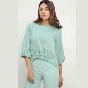Conjunto de Dos Piezas Casual de Verano para Mujer al por Mayor: Top de Manga Corta con Cuello Redondo y Pantalón de Pierna Ancha con Pliegues Delanteros, Color Liso, Estilo Loungewear - Product Image 3