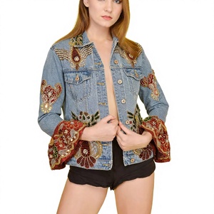 Veste en jean brodée Banjara pour femme, 100% coton, écologique, automne, grande taille, coupe-vent, bleu ciel, un seul bouton, perles, KAMARVY - Product Image 1