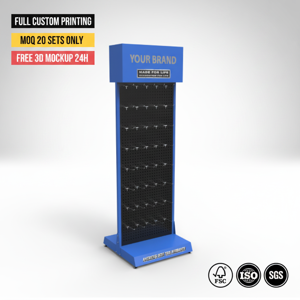 Custom Double-sided Steel Tool Holder Display Rack with Hooks for Garage Workshop