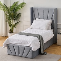 Cama de almacenamiento de terciopelo de felpa con rayas diagonales y tachuelas en alas Marco de cama de plataforma de tamaño individual tapizado con almacenamiento
