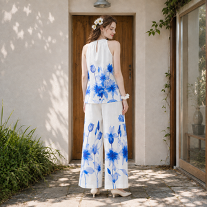 Conjunto <span class=keywords><strong>Blanco</strong></span> Floral para Mujer, Top Halter con Estampado Floral y Pantalones Anchos, Conjunto de Dos Piezas para Verano - Product Image 6