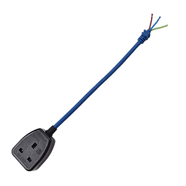 UK Standard 3 Pin Ac Power Cord with Customizable Length Blue Socket BS Male End SJTW Wire IP55 Rated Rubber/PVC Material