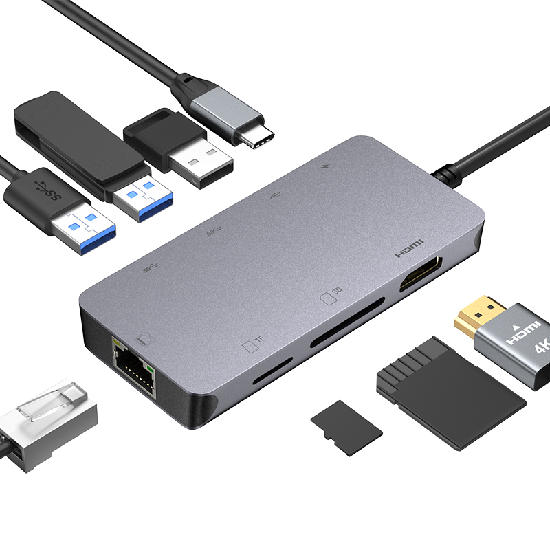 Ульт-unite 8-в-1 USB-C концентратора с Gigabit Ethernet 4K HDMI с 2 портами (стандарт 3,0 1 взаимный обмен данными между компьютером и периферийными устройствами 2,0 PD 100W TF/SD кард-ридер Type C док-станции