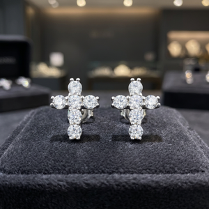 KIVORA'S 925 Silver Cross Stud <b>Earrings</b> <b>Moissanite</b> Round Brilliant Cut Claw Setting Religious Unisex Everyday Wear - Product Image 1