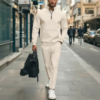 Ensemble pantalon et haut décontracté thermique pour homme, en tricot gaufré, avec strass, couleur unie, col montant, poches et demi-fermeture éclair, manches longues, collection automne