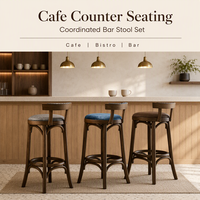 Tabouret de bar en bois foncé avec dossier incurvé, repose-pieds circulaire et siège rembourré pour îlot de cuisine, café, bistrot, restaurant