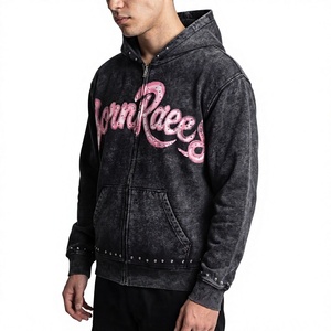 Custom Acid Wash <b>Zip</b> Up Hoodie Mens Oversized Full <b>Zip</b> <b>Hooded</b> Sweatshirt Heavyweight Cotton Fleece Vintage Streetwear Graphic - Product Image 1
