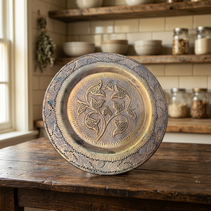 Assiette décorative ronde en métal faite à la main avec motif végétal gravé, design oriental, pour cadeaux - Product Image 3