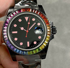 2025 Montre mécanique de luxe haut de gamme pour hommes avec cadran noir, lunette en diamant arc-en-ciel et calendrier - Product Image 1