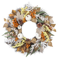 Guirlande artificielle d'automne pour Thanksgiving avec citrouille blanche, pomme de pin, feuille d'érable et baies pour la porte d'entrée, la décoration murale de la ferme et la maison