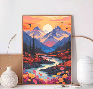 Kit Pittura su Tela con Numeri: Paesaggio Naturale Moderno con Montagna, Fiume e Tramonto - Arte da Parete - Product Image 1