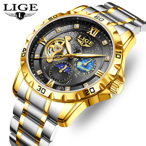 Reloj de lujo mecánico automático para hombre Lige, correa de acero inoxidable, luminoso, resistente al agua hasta 10m, reloj de pulsera multifuncional - Product Image 1