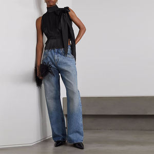 Nuovo arrivo estivo con fiocco personalizzato senza maniche eleganti camicie di raso nero camicette di <span class=keywords><strong>seta</strong></span> da donna di alta qualità Casual top da donna - Product Image 5