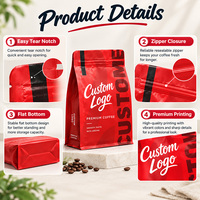 Sachet de café personnalisé de qualité alimentaire à fond carré, sachet d'emballage en plastique pour grains de café 250g 500g 1kg avec fermeture éclair refermable