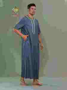 Al Haramain Men's Cotton Thobe Round Neck Short Sleeve <b>Floor</b> Length looks at you make so good - Product Image 4