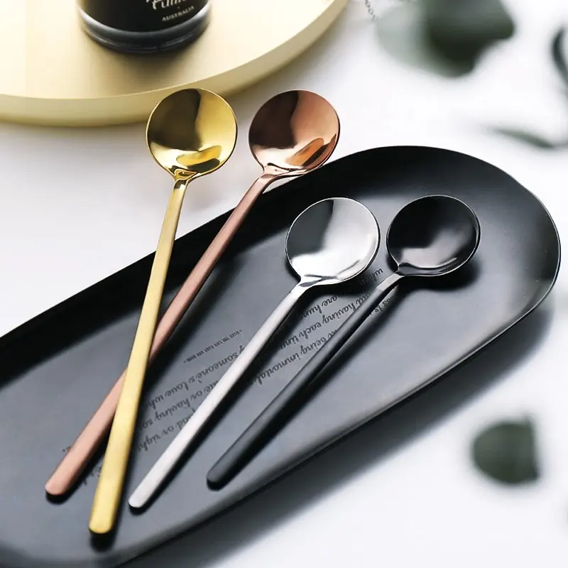 Stainless Steel Coffee Spoon Long Handle Stirring Teaspoon Golden Dessert Dinner Soup Spoons Cutlery Ice Cream Spoon Tableware