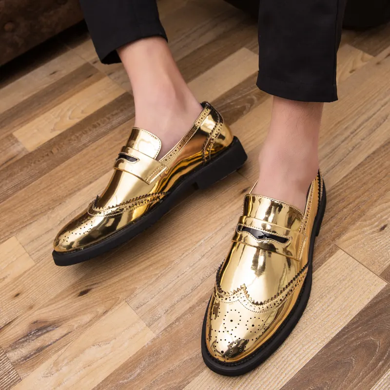 Shining Luxury Designer Golden PU Leather Casual Fashion Party Wedding Business Shoes Brand Shoes Big Size Men Dress Shoes