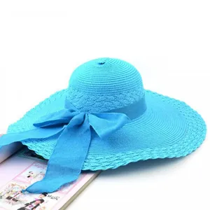 女士沙滩帽皮肤 2017 太阳夏季蝴蝶结帽可折叠宽边帽稻草