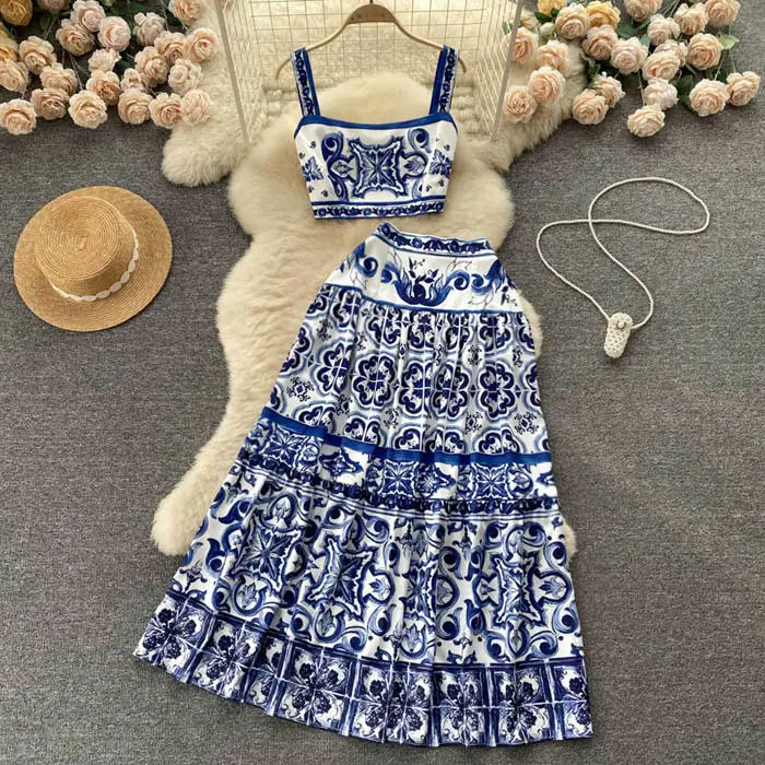 LY9537 Set Tank Top motif bunga biru dan putih, Set rok dan atasan motif bunga cantik Korea 2023 ukuran Plus 2 potong 6