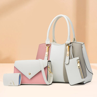 Set Tas Tote PU OEM Kustom 4 Pcs Wanita Warna-Blok Trapesium Resleting Tas Selempang Bahu 3 Warna Grosir Pabrik