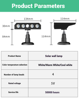 Lampe murale solaire puissante à 4 LED, IP65, étanche, lumière de sécurité, capteur de mouvement, rechargeable, télécommande, 3 modes, extérieur, jardin