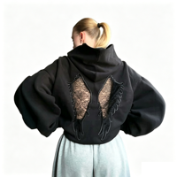 Haut court à capuche vintage Y2K pour femme, avec empiècements en dentelle et découpe ailes d'ange au dos, personnalisable, coupe ample