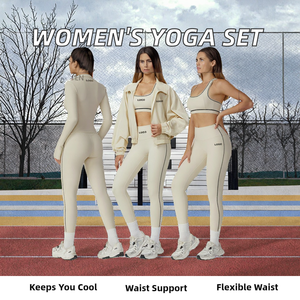 OEM Women's Solid 4-Piece Breathable Front Logo High-Waisted <b>Gym</b> Training Yoga Tight Jacket Sports Bra Fitness Workout Leggings - Product Image 2